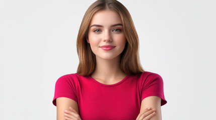 Fototapeta premium Confident young woman in a red t-shirt crossing her arms and looking at the camera against a neutral background.