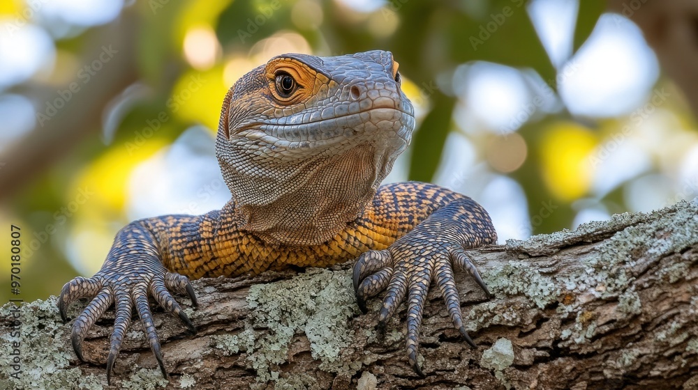 Poster a close-up of a colorful lizard resting on a tree branch.