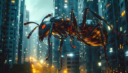 A large mechanical insect hovering over a cityscape