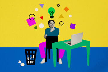 Artwork collage image picture of minded pensive man pondering project isolated on painted background
