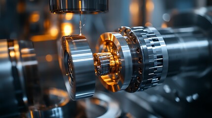 Naklejka premium Close-up of a CNC machine performing precision machining on metal parts in an industrial setting, highlighting advanced manufacturing technology.