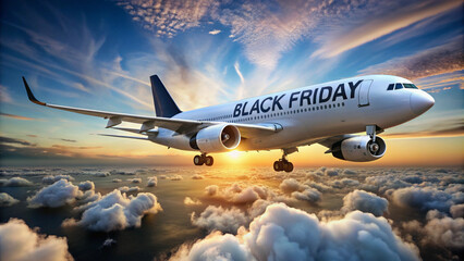 Airplane with 'Black Friday' text flying above clouds during sunset, representing travel deals and promotions.