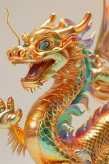 Fototapeta premium 3D Chinese gold dragon with a happy face moving horizontally from left to right vibrant colors joyful expression