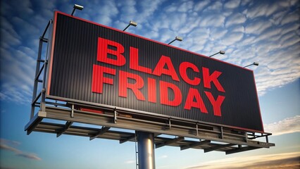 Black Friday advertisement on a large outdoor billboard against a blue sky with clouds, promoting...