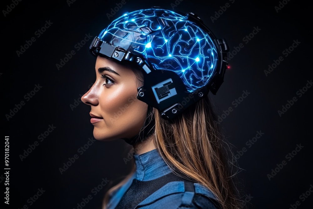 Poster brain circuitry neurohacking glial cells neurofeedback and axonal growth woman wearing futuristic ne
