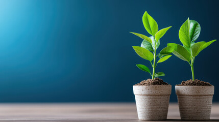 Two healthy green plants growing in white pots on a wooden surface, representing growth, nature, and home gardening.