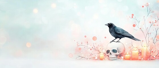 A wise raven perched on a skull, with glowing candles and a bright Halloween backdrop, offering plenty of space for text