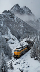 Snow-Covered Train Journey Through Icy Mountains, Winter Adventure on a Mountain Railroad