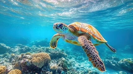 Obraz premium A sea turtle swimming gracefully above vibrant coral reefs.