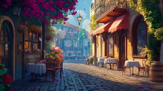 Coffee shop, bossa nova style, cute tables outside, cobblestone road, flowers, daytime, cinematic lighting, moody, realism. Realism. Illustration