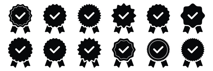Set of Quality medal or emblem symbol collection with check mark . Rosette stamp symbol, Ribbon icon symbol. Vector Illustration.