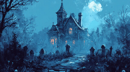 Creepy House in the Woods with Gravestones Background, Abstract Style Digital Illustration