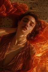 fashion photography, the model laying on the ground showing in soft lighting draped in orange fabric