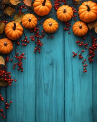 pumpkins frame on blue table background