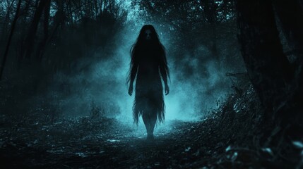 Fototapeta premium Silhouette of a woman in a dark, creepy forest, perfect horror concept. Shadows, fear, and night blend with eerie, ominous atmosphere. Halloween, daemon, ghost, murder, and thriller scene. 