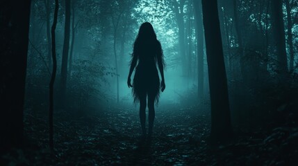 Silhouette of a woman in a dark, creepy forest, perfect horror concept. Shadows, fear, and night blend with eerie, ominous atmosphere. Halloween, daemon, ghost, murder, and thriller scene.	
