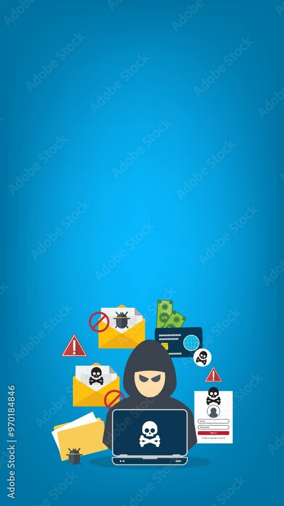 Poster hacker with laptop computer stealing confidential data, personal information and credit card detail.