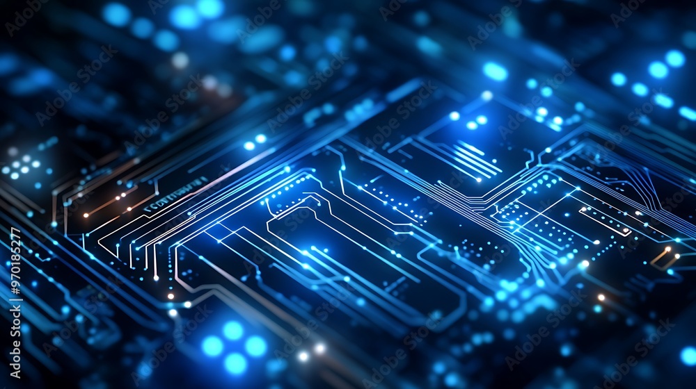 Poster Abstract Close-Up of a Blue Circuit Board with Glowing Lines and Points