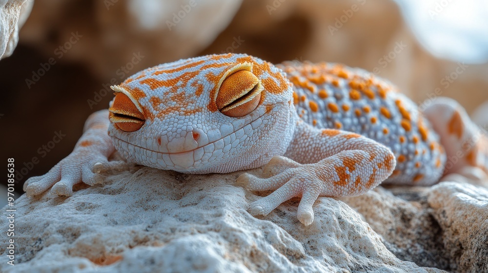 Poster a close-up of a smiling gecko resting on a rock.