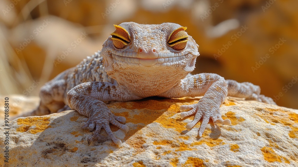 Poster a close-up of a smiling gecko resting on a rock.