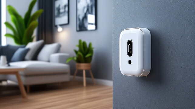 A smart home sensor is mounted on a wall in a contemporary living room, blending technology with modern interior design.