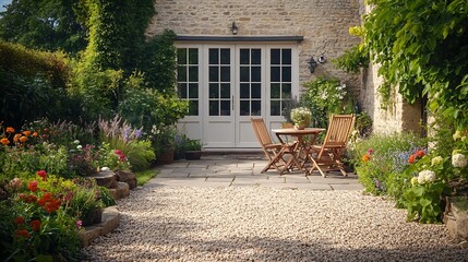 UK house and garden with patio and French doors Cottage or courtyard garden backyard with gravel and York stone paving : Generative AI