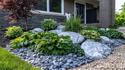 Low maintenance front garden landscaping features decorative armour stone and river rock no lawn and easy care perennial hosta and ornamental grasses for colour and texture : Generative AI
