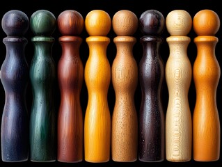 wooden figurines, each uniquely shaped and hand-painted in various warm, earthy tones. 