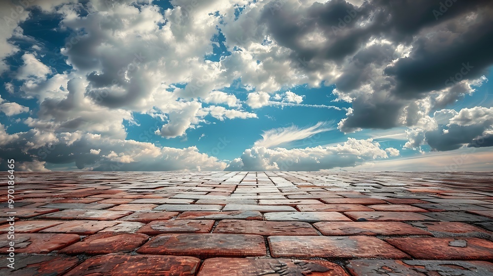 Aufkleber empty brick floor and sky cloudscape : generative ai