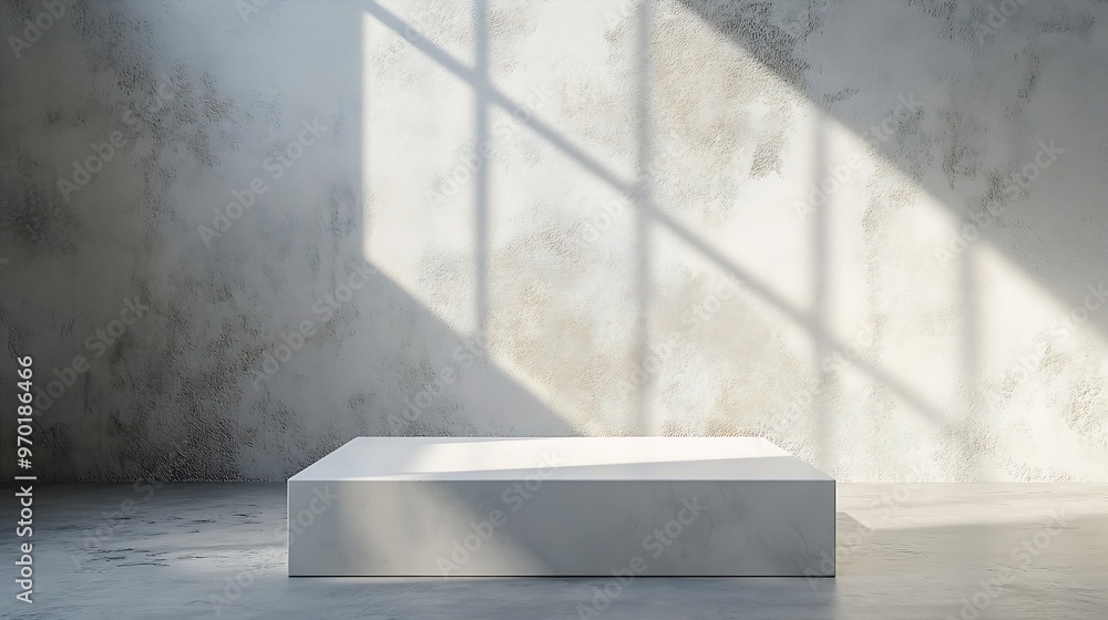 Aufkleber White abstract empty corner blank table studio shot empty table white podium with spotlight and bright minimal background plaster bright white and gray wall and white table stage backg : Generative AI
