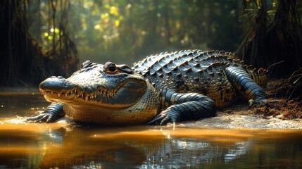 Obraz premium A close-up of a crocodile resting by a riverbank in a forest.