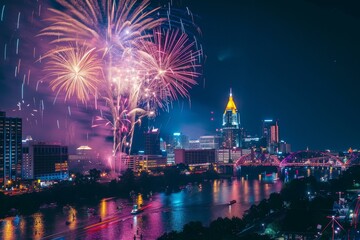 Fireworks display over Nashville skyline with illuminated cityscape and river reflections at night