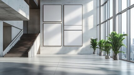 Triple Vertical digital Poster Mockup background in Sleek Modern Interior Blank white showcase screen on a wall inside an urban building Empty  advertisement display media panels for p : Generative AI