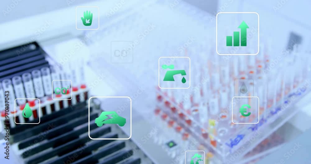 Poster animation of eco icons and data processing over test tubes in laboratory