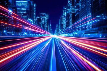 Fototapeta premium Cityscape with Blurred Light Trails on a Night Road