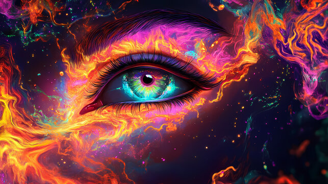 Glowing with neon rainbow color fire. colorful fantasy realism. psychedelic realism. Realism. Illustration