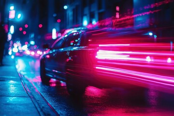 Fototapeta premium A Car Driving Through a City at Night, Illuminated by Bright Neon Lights
