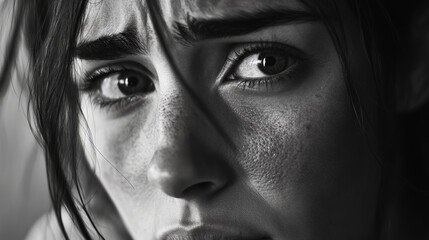 Fototapeta premium A close-up portrait of a person with a sad expression, depicting mental health struggles, searching for hope, emotional vulnerability, and inner strength amidst sadness and despair