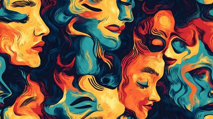 Vibrant seamless pattern with abstract blended faces in bold colors