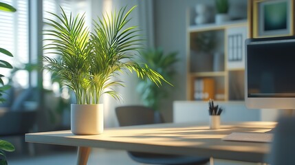 Fototapeta premium Shot of light cozy office interior in modern minimalistic style with working desks and plants copy space : Generative AI
