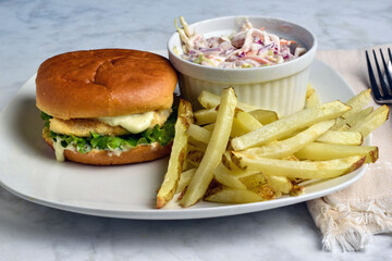 haddock fillet sandwich  with cole slaw and fries
