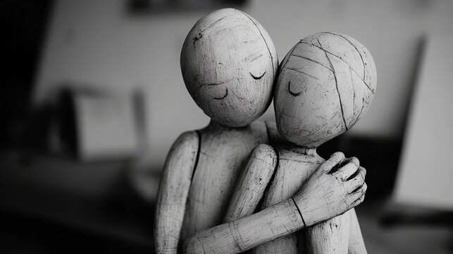 Two wooden drawing mannequins embracing each other in a heartfelt hug, symbolizing connection, warmth, and emotional support in human relationships, showcasing affection, closeness, and mutual care - Powered by Adobe