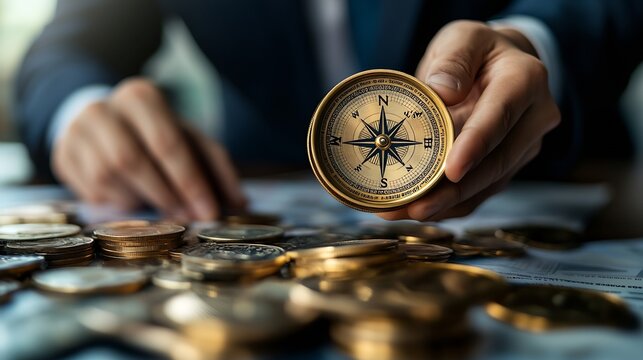 Business growth purpose and direction for business development Businessman with compass navigator and market research strategy and planning for business solution finance and investment : Generative AI