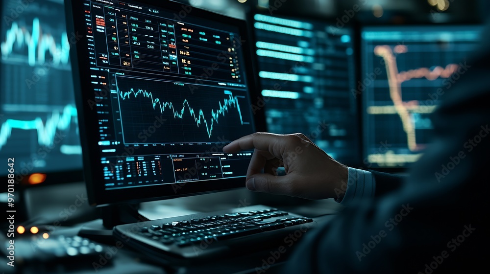 Poster Hand of trader checking stock market data on screen : Generative AI