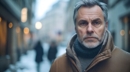 Fototapeta premium Dramatic portrait of a resilient middleaged man standing in street looking at camera in tracking shot motion Older person character intensity and determination : Generative AI