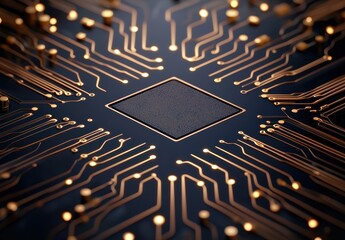 Intricate electronic circuit board with glowing traces