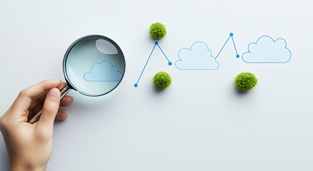 Hand holding magnifying glass over cloud icon on white background with line graph, and green bushes.