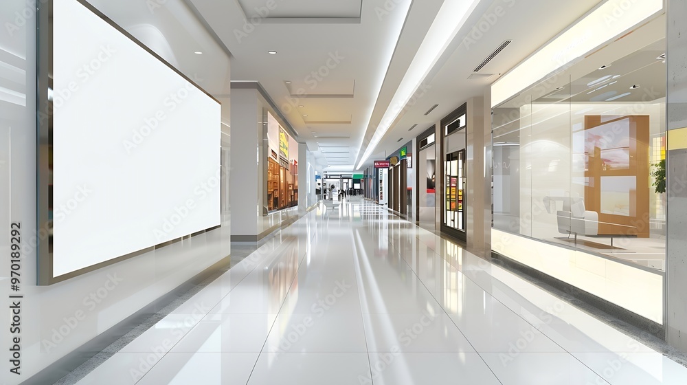 Aufkleber mockup perspective white horizontal blank billboard on the wall of shop near corridor in shopping ma