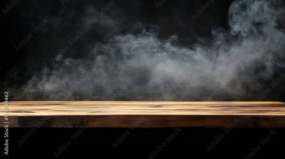 Poster on a black background an empty wooden table with smoke floats up empty space for displaying your pro