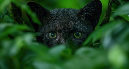Obraz premium Curious black cat peeking through green foliage
